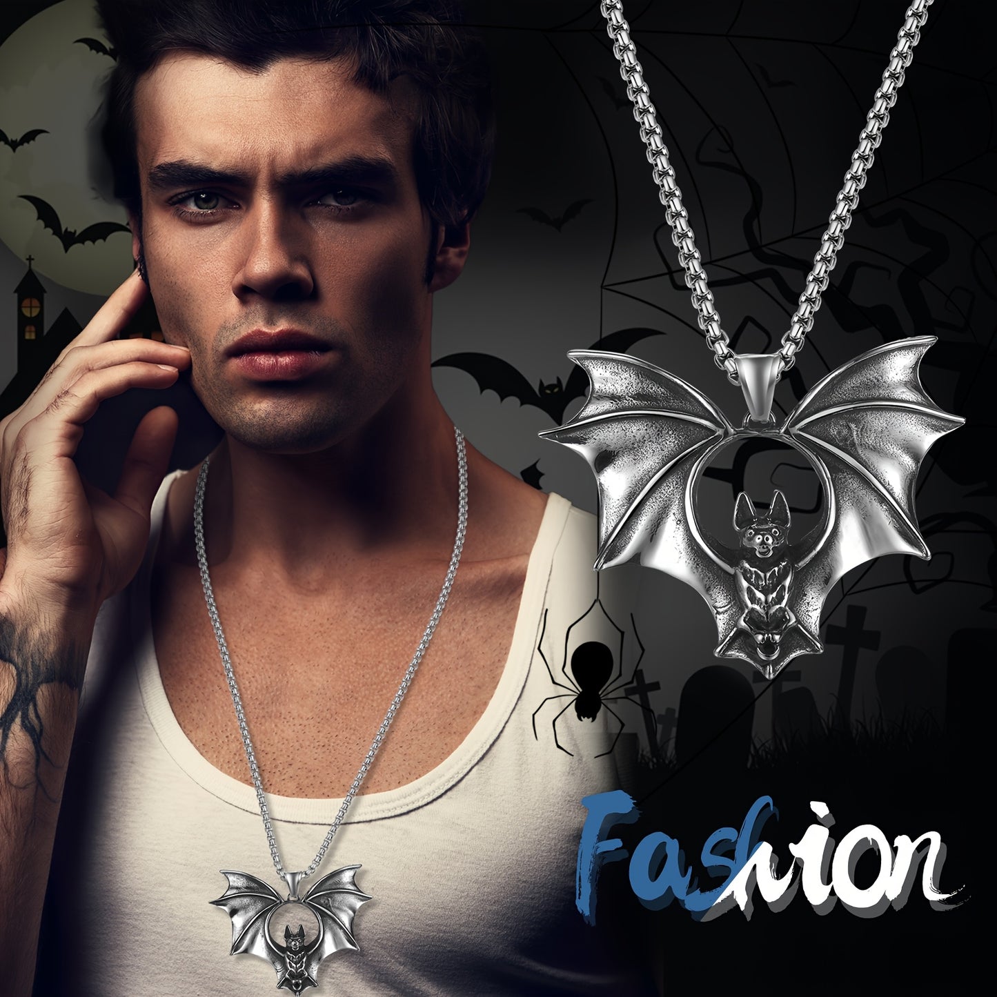 Men's Halloween bat necklace: bat pendant gothic jewelry - Stainless Steel vivid large bat retro Silvery punk necklace Men's gift