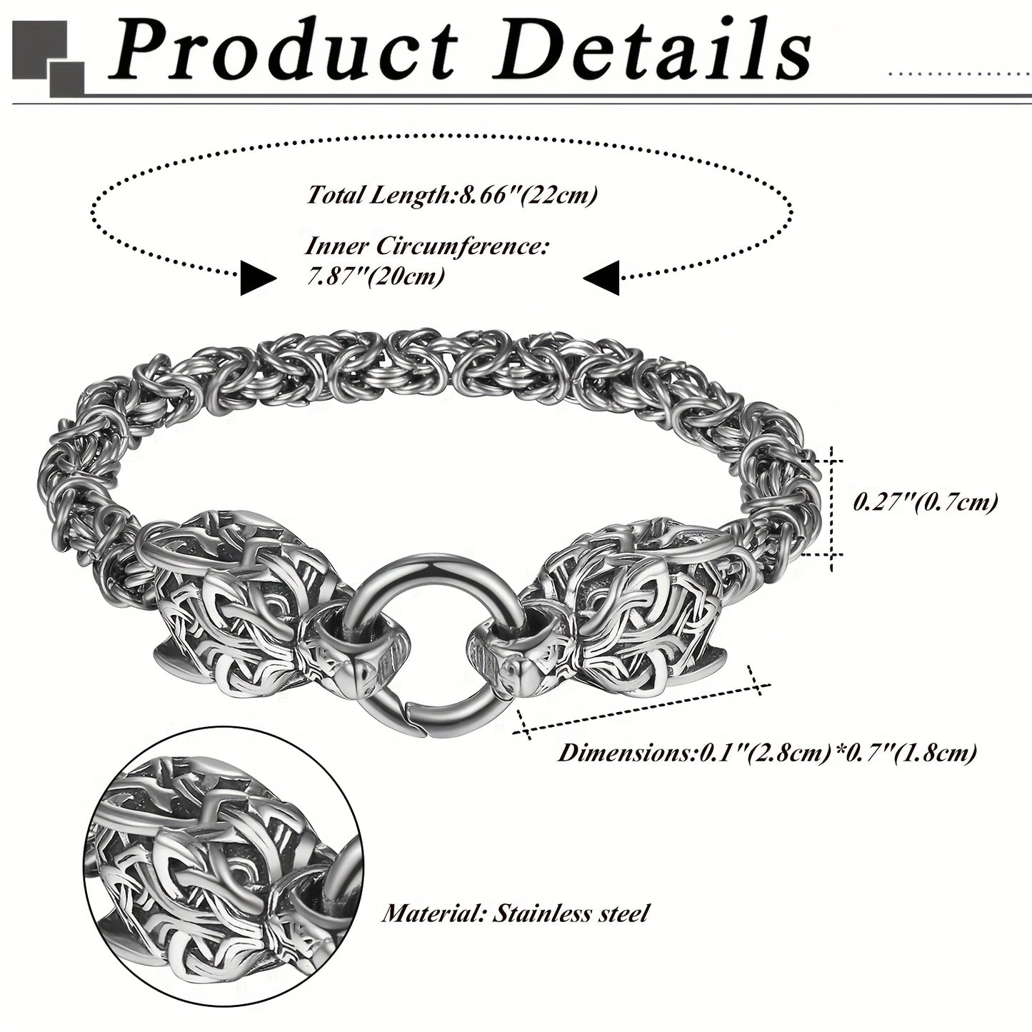 Nordic wolf Viking Men's bracelet: Byzantine chain amulet Irish Celtic pattern wolf head - retro hip-hop gothic Norwegian Byzantine bracelet