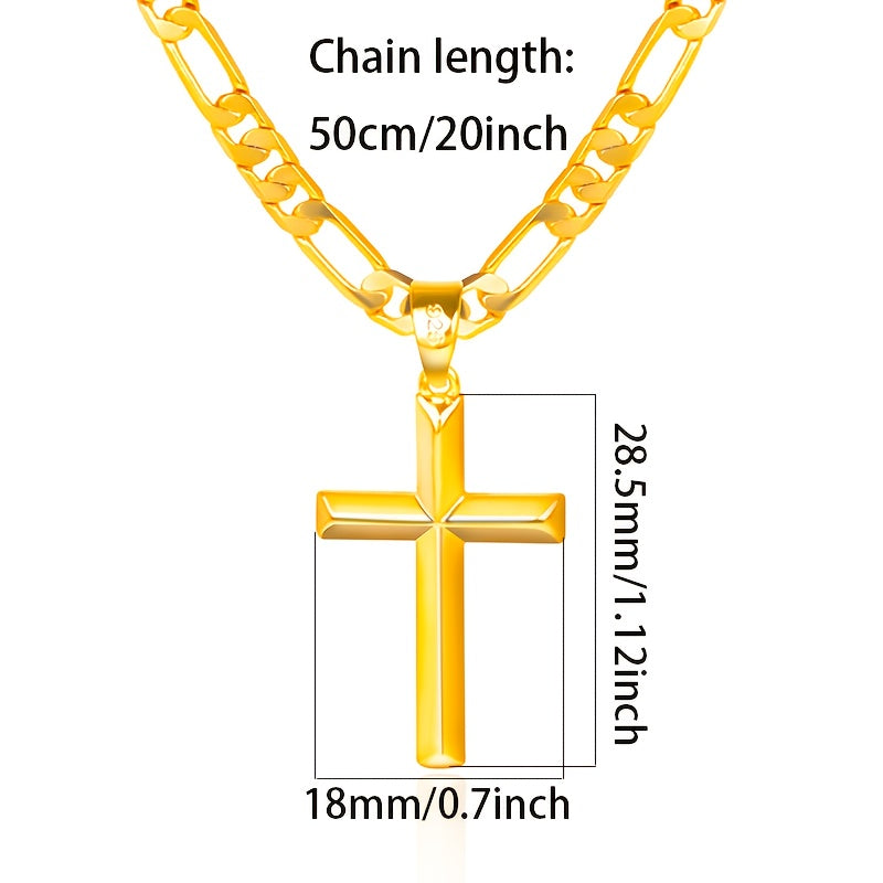 A 925 Silver Men'S Pendant Necklace, 18K Gold Plated 18K Gold Plated-Plated Minimalist Figaro Chain Paired with a Three-Dimensional Cross Pendant, The Perfect Gift for Him, Father'S Day Gift, Gift Boxed