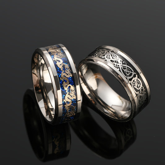 2pcs Vintage Style Dragon Pattern Stainless Steel Rings, Men'S Charm Band Set, Fashionable New Year Gift, Daily Wear Combination Jewelry