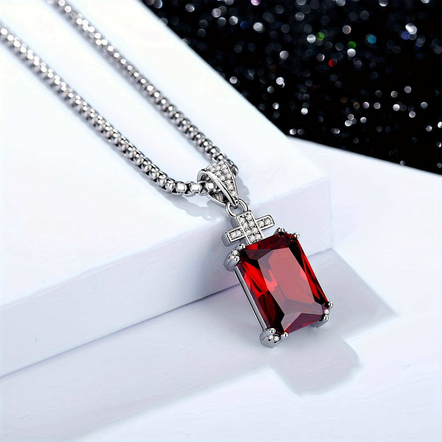 Men's Vintage Cross Necklace with 17.5CT Synthetic Gems Cut Synthetic Cubic (CZ) Pendant - 60.96cm Synthetic Gems-Plated 304L Stainless Steel Chain, June Birthstone Jewelry, Luxury Gift for Valentine's Day, Father's Day & Bir