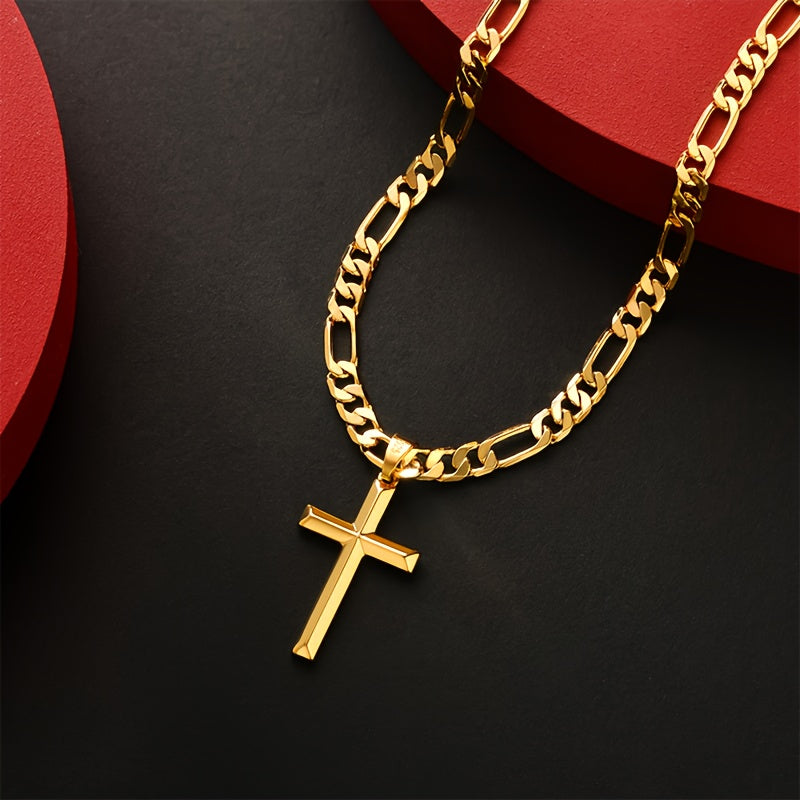 A 925 Silver Men'S Pendant Necklace, 18K Gold Plated 18K Gold Plated-Plated Minimalist Figaro Chain Paired with a Three-Dimensional Cross Pendant, The Perfect Gift for Him, Father'S Day Gift, Gift Boxed