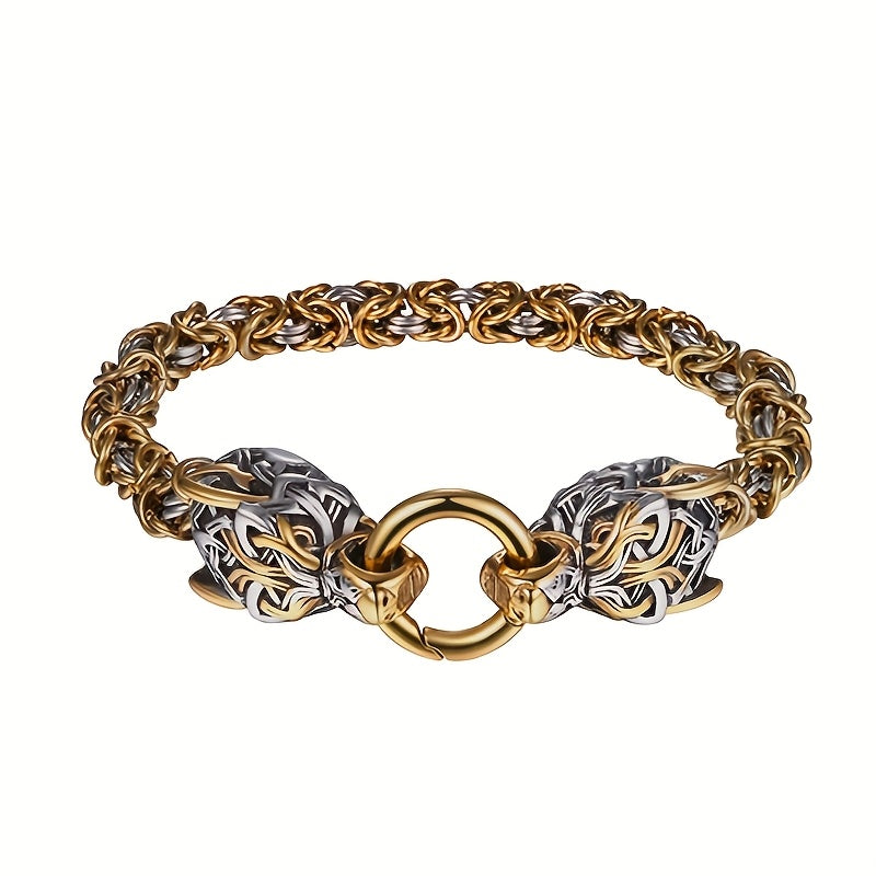 Nordic wolf Viking Men's bracelet: Byzantine chain amulet Irish Celtic pattern wolf head - retro hip-hop gothic Norwegian Byzantine bracelet