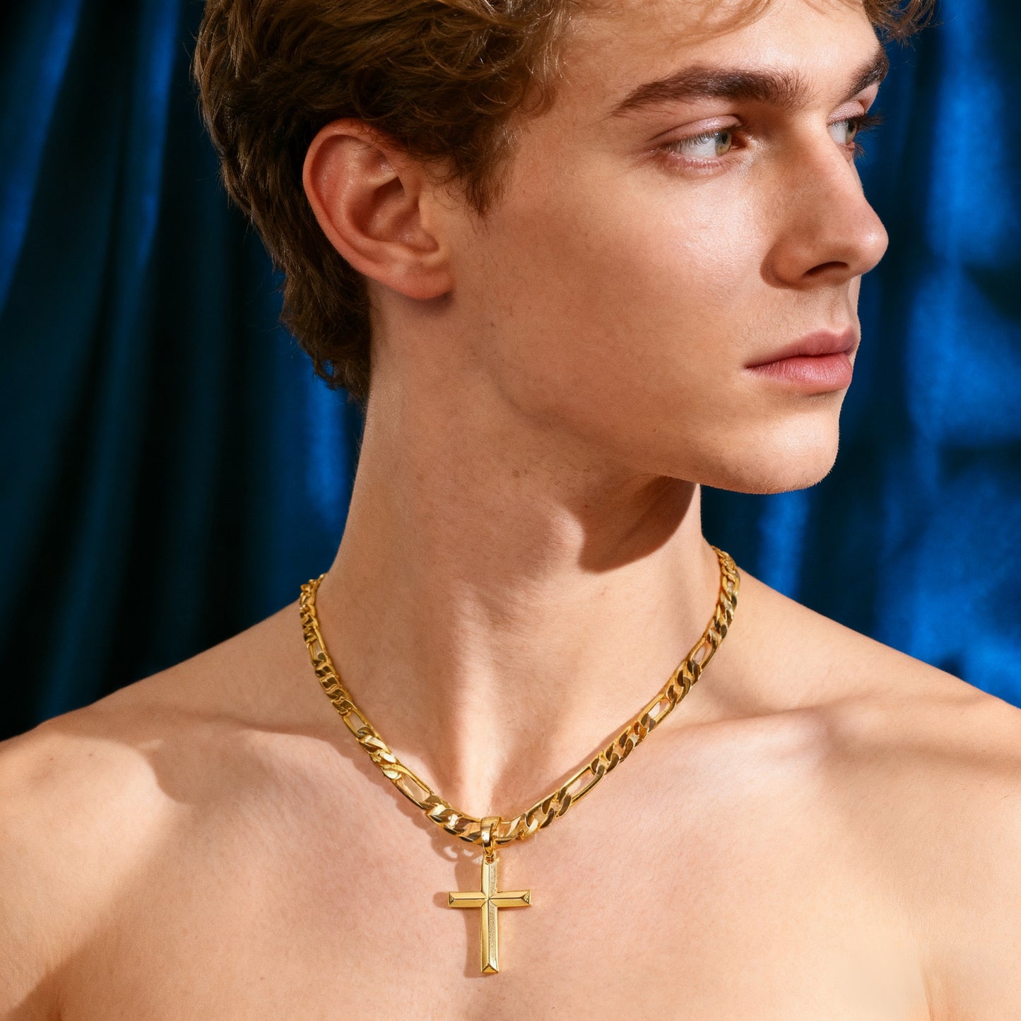 A 925 Silver Men'S Pendant Necklace, 18K Gold Plated 18K Gold Plated-Plated Minimalist Figaro Chain Paired with a Three-Dimensional Cross Pendant, The Perfect Gift for Him, Father'S Day Gift, Gift Boxed