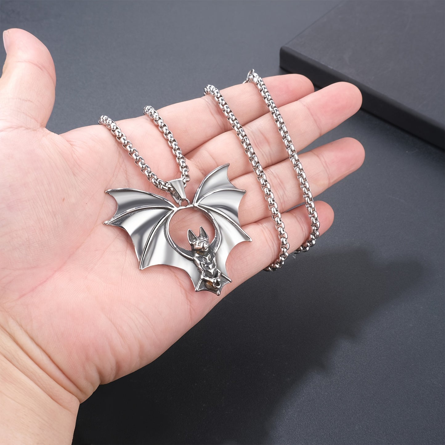 Men's Halloween bat necklace: bat pendant gothic jewelry - Stainless Steel vivid large bat retro Silvery punk necklace Men's gift