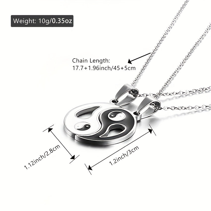 2pcs Yin Yang Puzzle Matching Pendant Necklace Best Friend Couples Stainless Steel White Black Enamel Silvery Necklaces with 45.72cm Chain BFF Jewelry