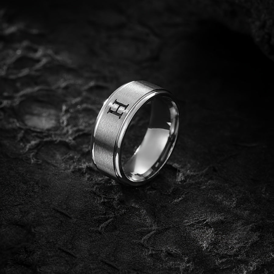 1pc Men's Fashion Stainless Steel Double Step Matte Hollow Letter Ring, Suitable For Men Women