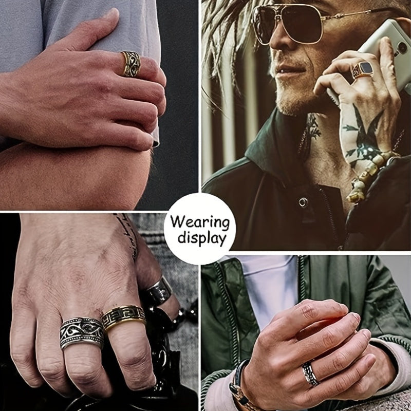 Vintage Style 4-Piece Men's Stainless Steel Ring Set - Greek Seal, Celtic Engraved, Thumb, and Vintage Carved Designs - 304 Stainless Steel, Non-Plated Jewelry Collection