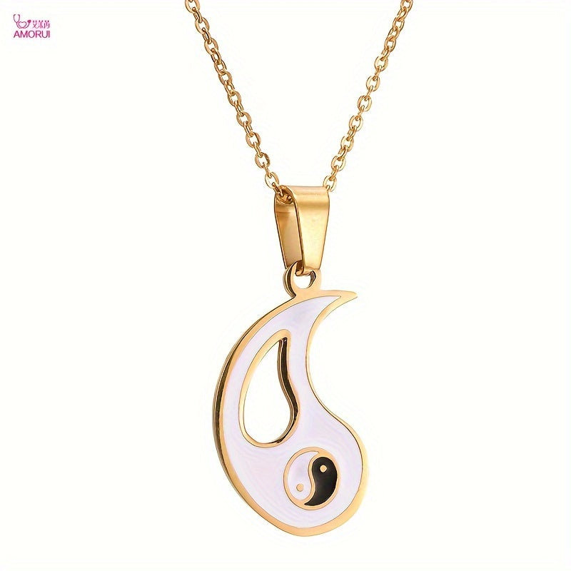2pcs Yin Yang Puzzle Matching Pendant Necklace Best Friend Couples Stainless Steel White Black Enamel Silvery Necklaces with 45.72cm Chain BFF Jewelry