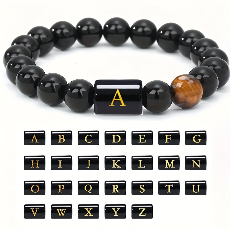 1pc A To Z 26 Letters Fashion Bracelets For Men, Cool Tiger Eye Stone Bracelets For Husband And Boyfriend, Birthday And Valentine's Day Gifts, Father's Day Gift
