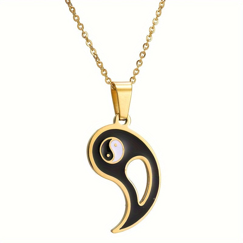 2pcs Yin Yang Puzzle Matching Pendant Necklace Best Friend Couples Stainless Steel White Black Enamel Silvery Necklaces with 45.72cm Chain BFF Jewelry