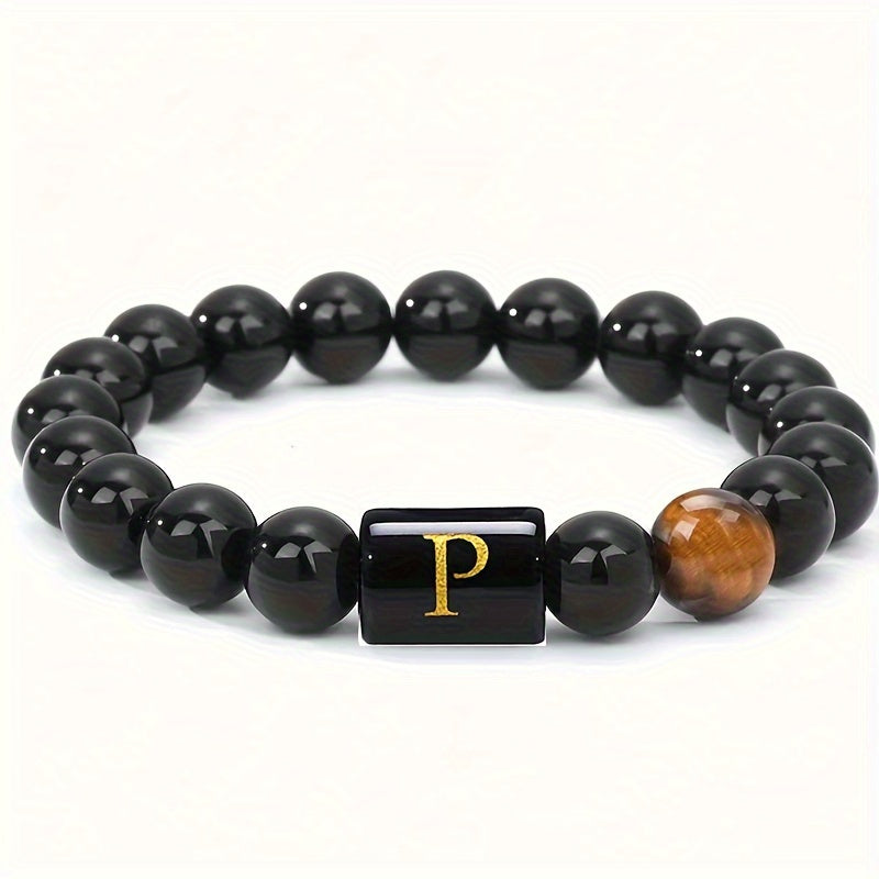 1pc A To Z 26 Letters Fashion Bracelets For Men, Cool Tiger Eye Stone Bracelets For Husband And Boyfriend, Birthday And Valentine's Day Gifts, Father's Day Gift
