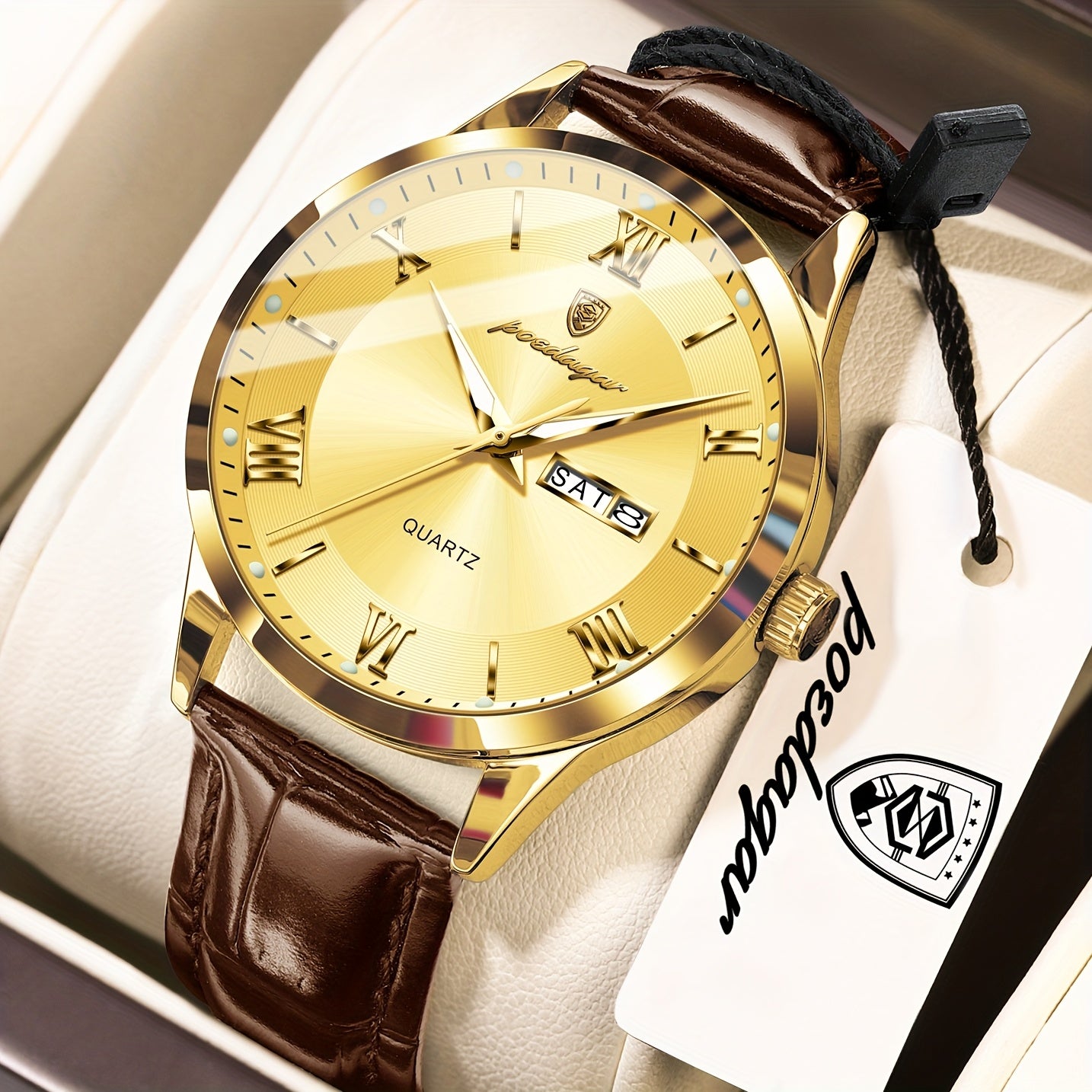 Orologio da Uomo POEDAGAR Elegante – Cinturino in Pelle, Impermeabile, Calendario e Quadrante Luminoso