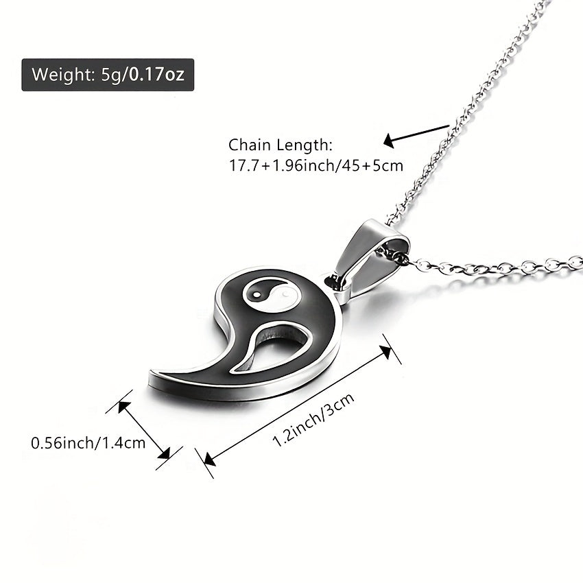 2pcs Yin Yang Puzzle Matching Pendant Necklace Best Friend Couples Stainless Steel White Black Enamel Silvery Necklaces with 45.72cm Chain BFF Jewelry