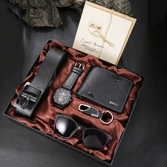 The gift that makes him smile when he opens it: Elegant 6 in 1 Set — Wallet, Watch, Sunglasses, Belt, Keyring + Card
