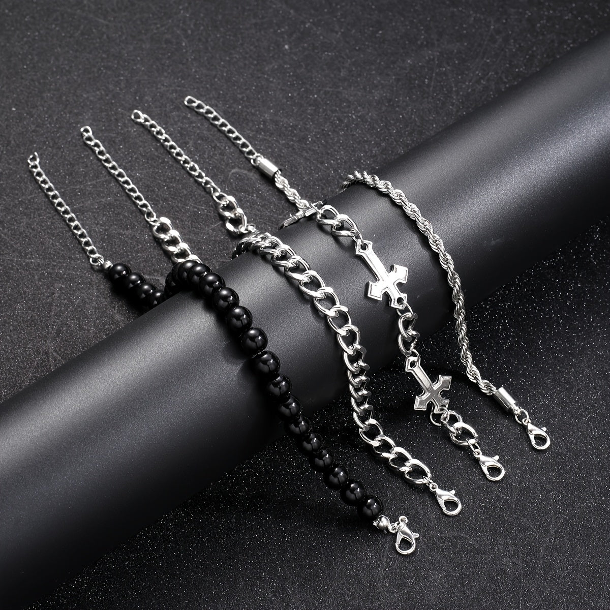 4pcs Men's Jewelry Set, Minimalist Sports Cross Beaded Bracelet Set, Gift for Boyfriend, Dating, Party, or Daily Wear, No Box, Party Jewelry, Holiday Accessory, Trendy Men's Fashion, Minimalist Design, Highquality Beads, Fash