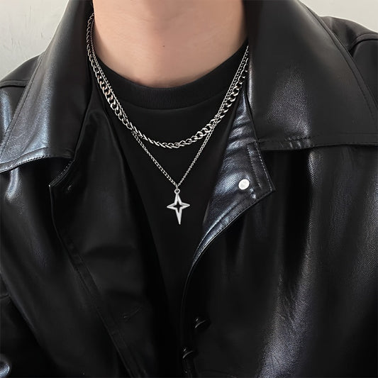 Dual Layered Hip Hop Style Necklace, Elegant Iron Chain with Star Pendant, Unplated Fashion Accessory for Men and Women