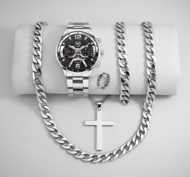 5PCS Set DEYROS Fashion Mens Calendar Watches Men Business Stainless Steel Quartz Wristwatch Male Casual Necklace Bracelet Watch