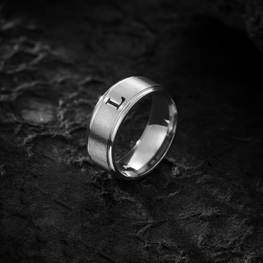 1pc Men's Fashion Stainless Steel Double Step Matte Hollow Letter Ring, Suitable For Men Women