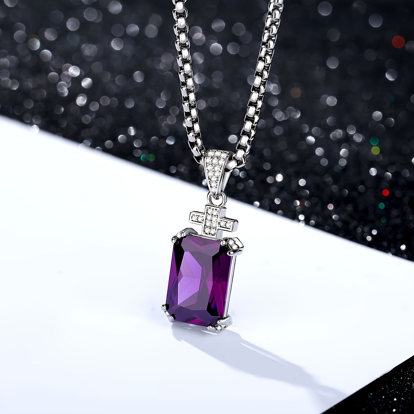 Men's Vintage Cross Necklace with 17.5CT Synthetic Gems Cut Synthetic Cubic (CZ) Pendant - 60.96cm Synthetic Gems-Plated 304L Stainless Steel Chain, June Birthstone Jewelry, Luxury Gift for Valentine's Day, Father's Day & Bir