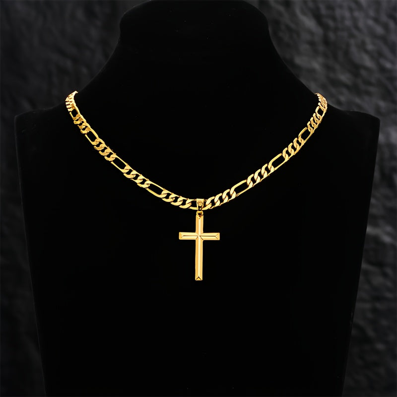 A 925 Silver Men'S Pendant Necklace, 18K Gold Plated 18K Gold Plated-Plated Minimalist Figaro Chain Paired with a Three-Dimensional Cross Pendant, The Perfect Gift for Him, Father'S Day Gift, Gift Boxed