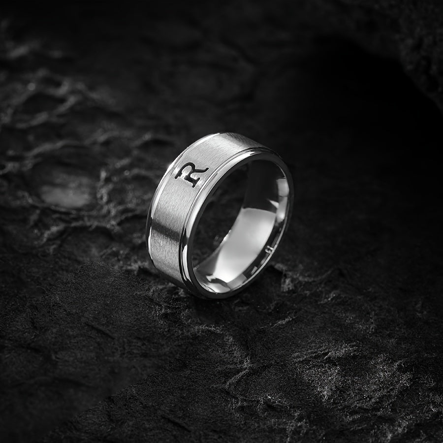 1pc Men's Fashion Stainless Steel Double Step Matte Hollow Letter Ring, Suitable For Men Women