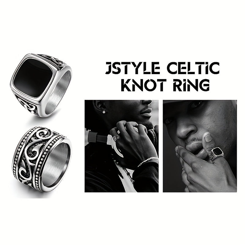 Vintage Style 4-Piece Men's Stainless Steel Ring Set - Greek Seal, Celtic Engraved, Thumb, and Vintage Carved Designs - 304 Stainless Steel, Non-Plated Jewelry Collection