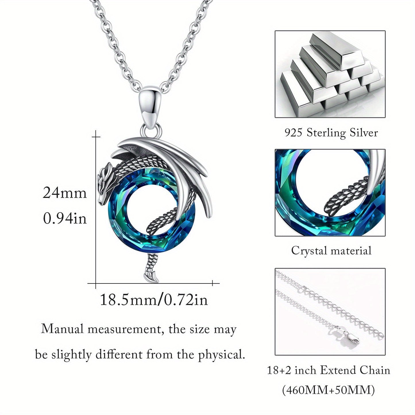 Dragon Necklace 925 Sterling Silvery Dragon Artificial Crystal Necklace Dragon Jewelry for Men Women