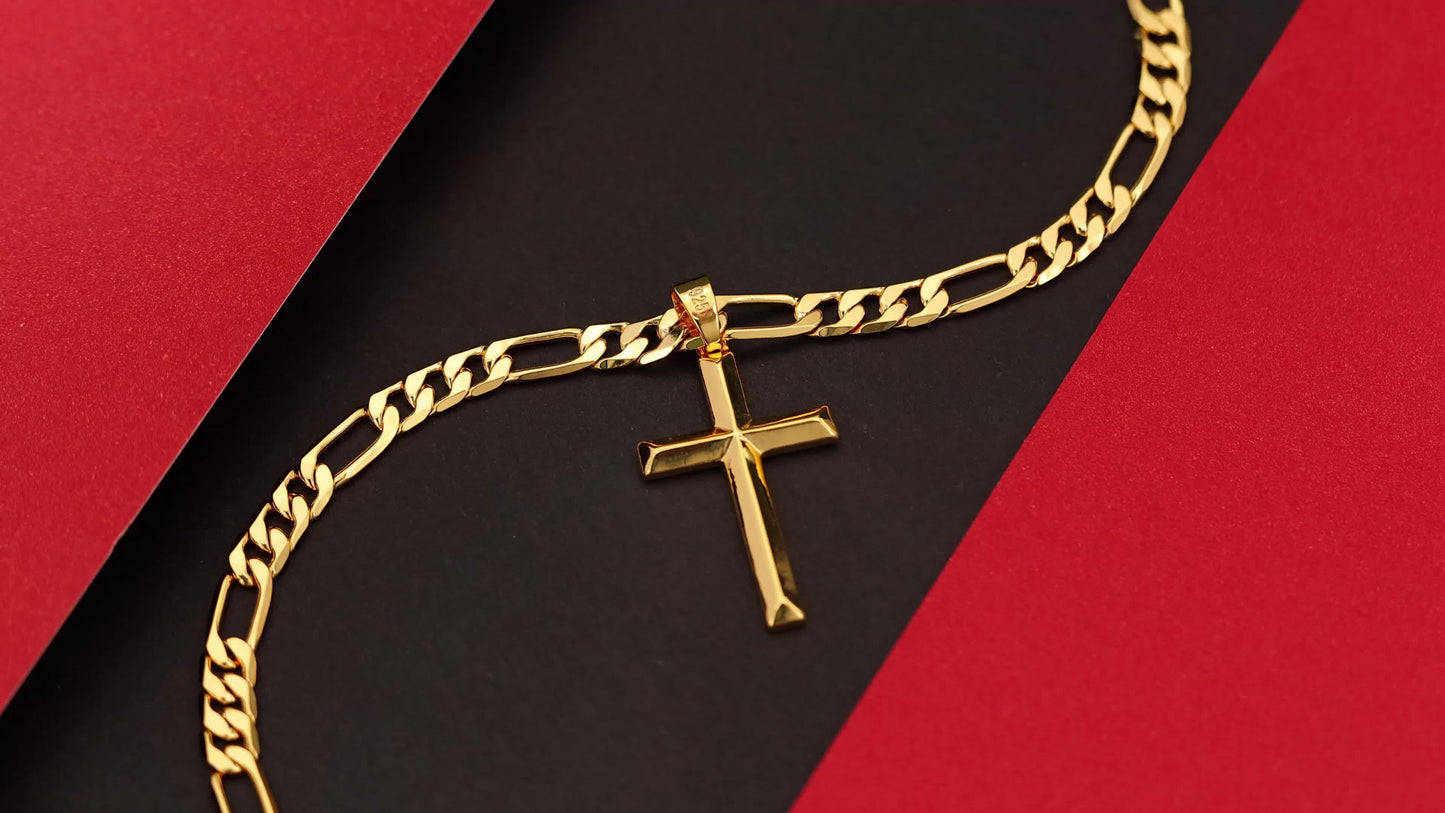 A 925 Silver Men'S Pendant Necklace, 18K Gold Plated 18K Gold Plated-Plated Minimalist Figaro Chain Paired with a Three-Dimensional Cross Pendant, The Perfect Gift for Him, Father'S Day Gift, Gift Boxed