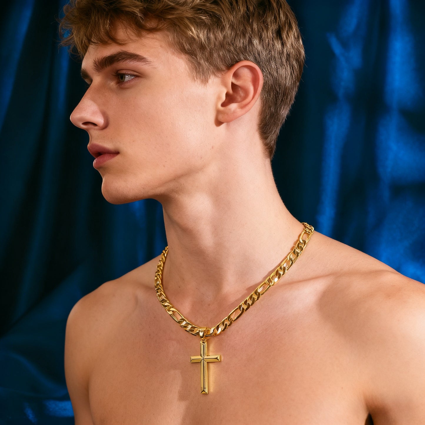 A 925 Silver Men'S Pendant Necklace, 18K Gold Plated 18K Gold Plated-Plated Minimalist Figaro Chain Paired with a Three-Dimensional Cross Pendant, The Perfect Gift for Him, Father'S Day Gift, Gift Boxed