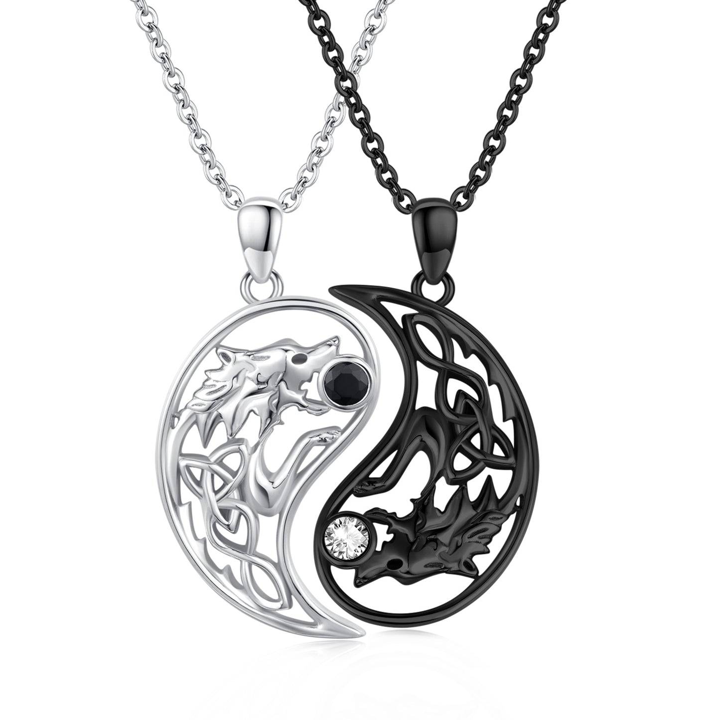 Wolf Matching Necklace 925 Sterling Silvery 2pcs Yin Yang Celtic Knot Wolf Pendant BFF Necklace Couple Friendship Jewelry Valentine's Day Gifts for Her Him Women Men