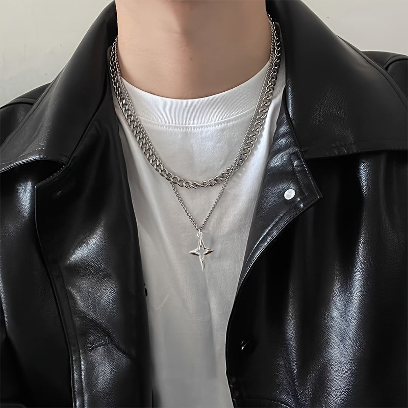 Dual Layered Hip Hop Style Necklace, Elegant Iron Chain with Star Pendant, Unplated Fashion Accessory for Men and Women