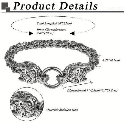 Nordic wolf Viking Men's bracelet: Byzantine chain amulet Irish Celtic pattern wolf head - retro hip-hop gothic Norwegian Byzantine bracelet