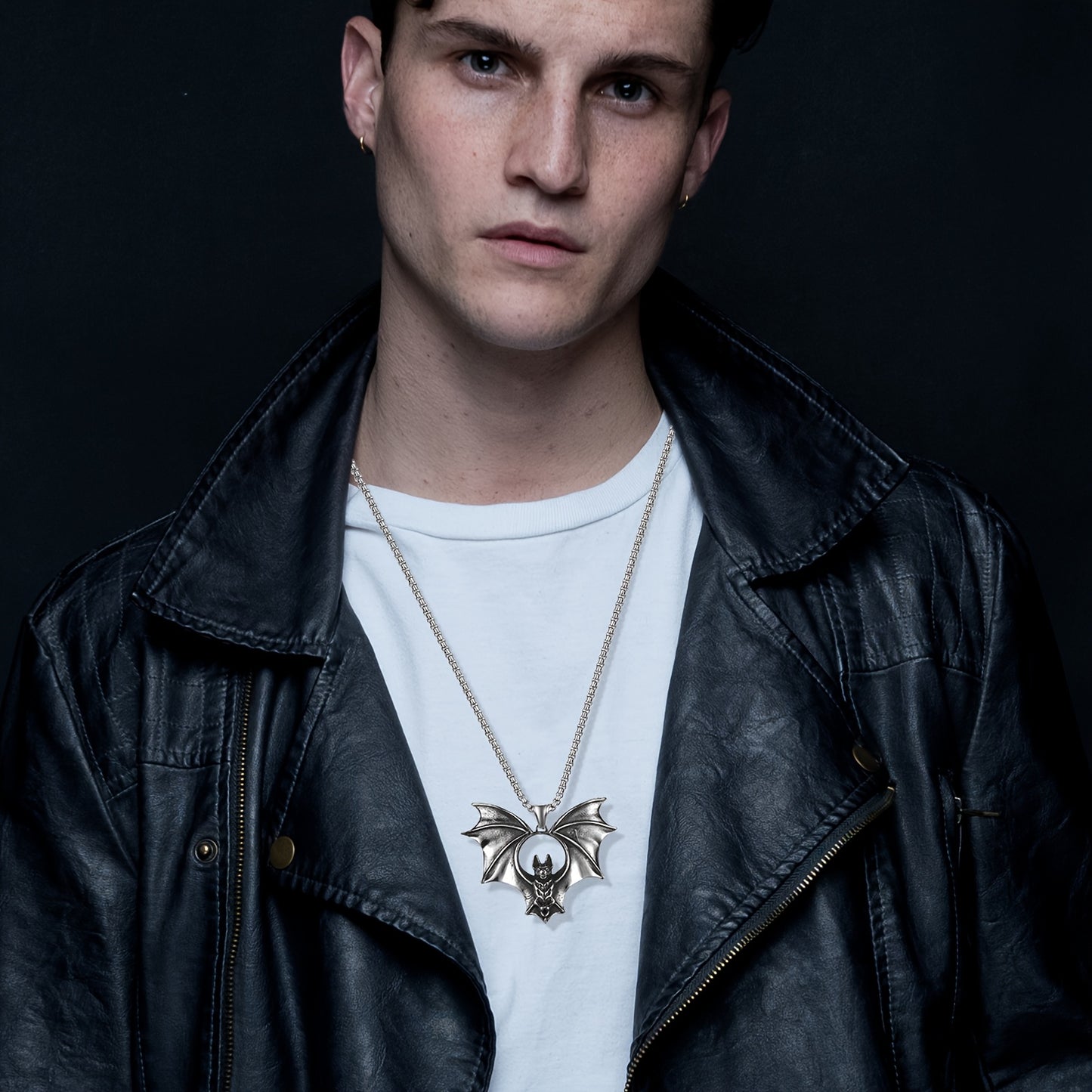 Men's Halloween bat necklace: bat pendant gothic jewelry - Stainless Steel vivid large bat retro Silvery punk necklace Men's gift