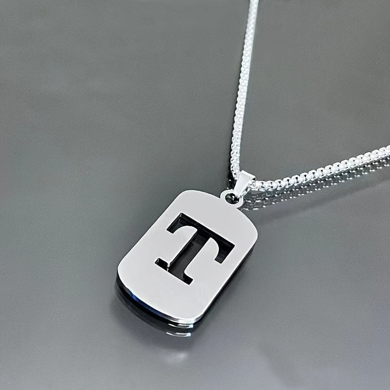 1 Hip-Hop Trendy Retro Stainless Steel Pendant Necklace with Cut-Out Letters, Jewelry for Men – Perfect for Daily Wear and Parties