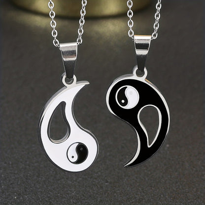 2pcs Yin Yang Puzzle Matching Pendant Necklace Best Friend Couples Stainless Steel White Black Enamel Silvery Necklaces with 45.72cm Chain BFF Jewelry