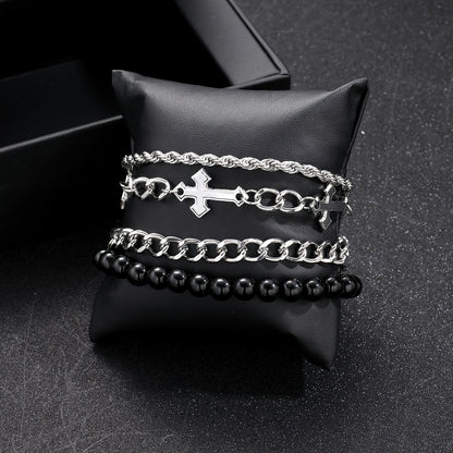 4pcs Men's Jewelry Set, Minimalist Sports Cross Beaded Bracelet Set, Gift for Boyfriend, Dating, Party, or Daily Wear, No Box, Party Jewelry, Holiday Accessory, Trendy Men's Fashion, Minimalist Design, Highquality Beads, Fash