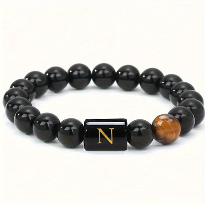 1pc A To Z 26 Letters Fashion Bracelets For Men, Cool Tiger Eye Stone Bracelets For Husband And Boyfriend, Birthday And Valentine's Day Gifts, Father's Day Gift