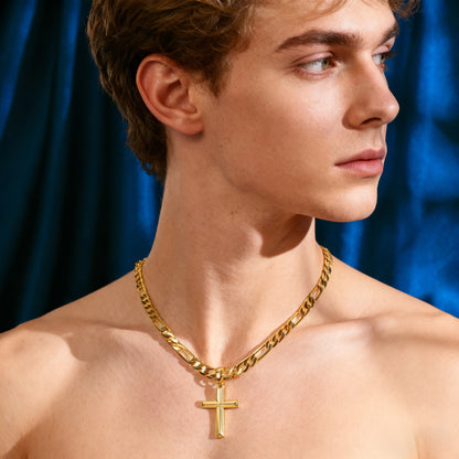 A 925 Silver Men'S Pendant Necklace, 18K Gold Plated 18K Gold Plated-Plated Minimalist Figaro Chain Paired with a Three-Dimensional Cross Pendant, The Perfect Gift for Him, Father'S Day Gift, Gift Boxed