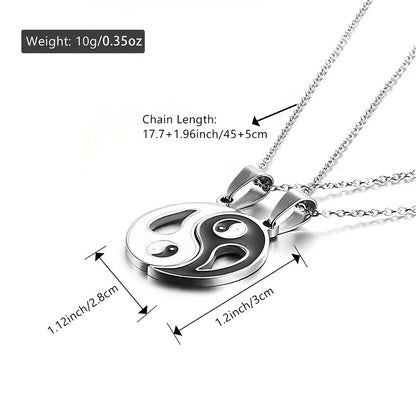 2pcs Yin Yang Puzzle Matching Pendant Necklace Best Friend Couples Stainless Steel White Black Enamel Silvery Necklaces with 45.72cm Chain BFF Jewelry