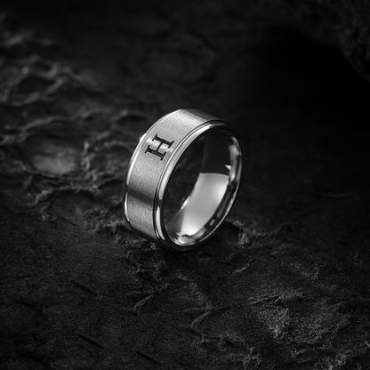 1pc Men's Fashion Stainless Steel Double Step Matte Hollow Letter Ring, Suitable For Men Women