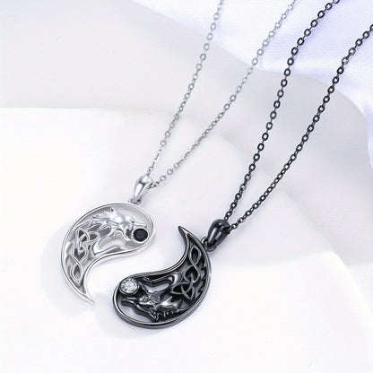 Wolf Matching Necklace 925 Sterling Silvery 2pcs Yin Yang Celtic Knot Wolf Pendant BFF Necklace Couple Friendship Jewelry Valentine's Day Gifts for Her Him Women Men