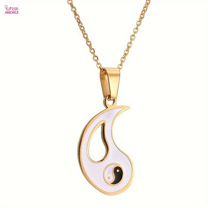 2pcs Yin Yang Puzzle Matching Pendant Necklace Best Friend Couples Stainless Steel White Black Enamel Silvery Necklaces with 45.72cm Chain BFF Jewelry