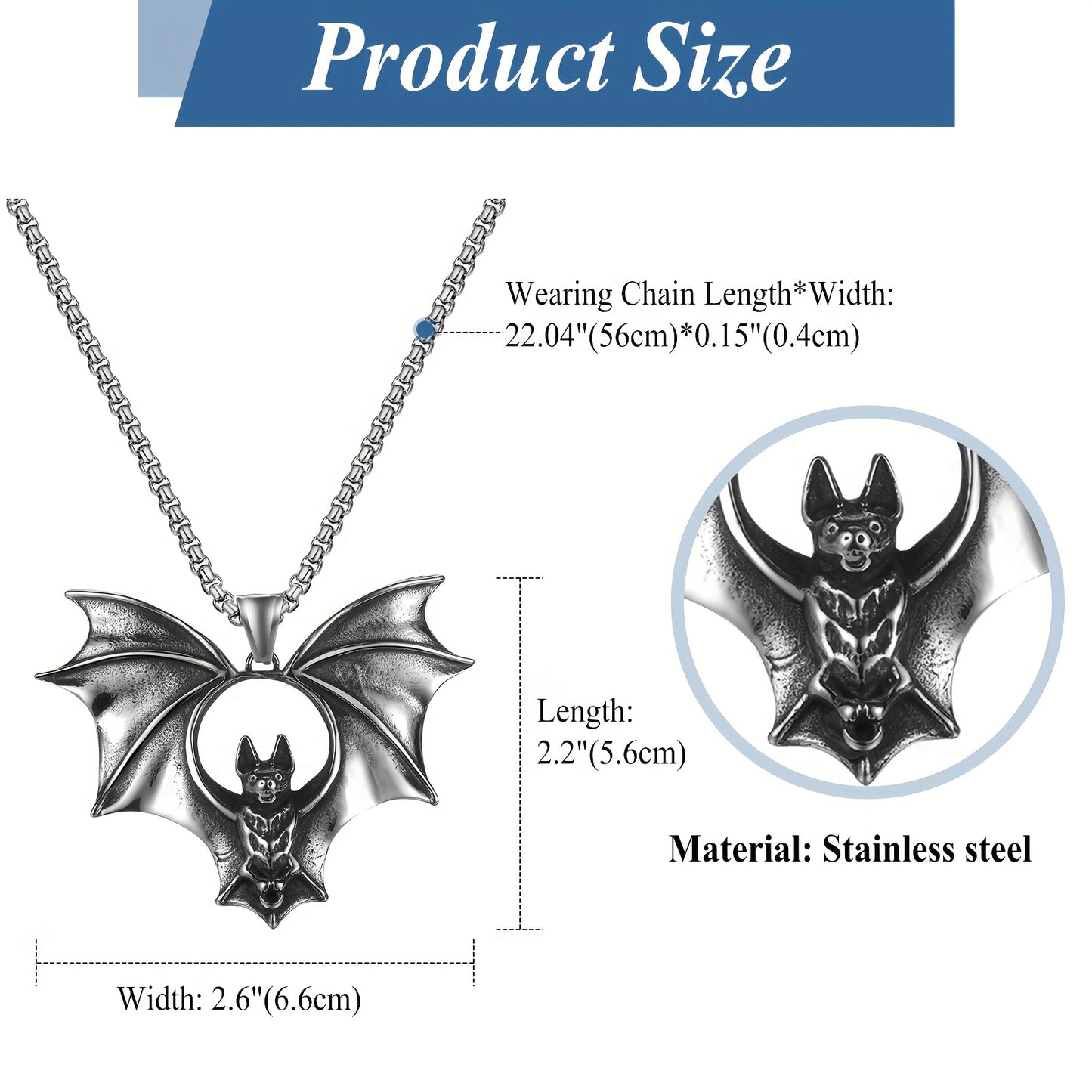 Men's Halloween bat necklace: bat pendant gothic jewelry - Stainless Steel vivid large bat retro Silvery punk necklace Men's gift