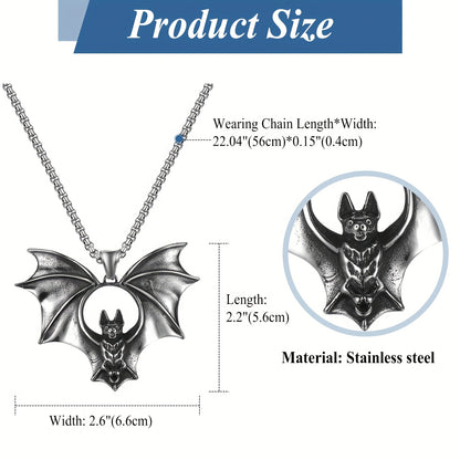 Men's Halloween bat necklace: bat pendant gothic jewelry - Stainless Steel vivid large bat retro Silvery punk necklace Men's gift