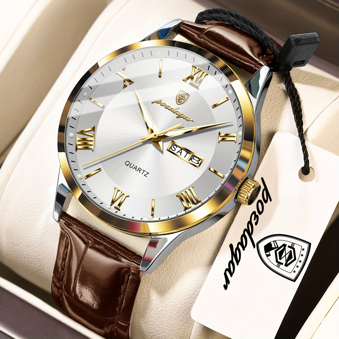 Orologio da Uomo POEDAGAR Elegante – Cinturino in Pelle, Impermeabile, Calendario e Quadrante Luminoso