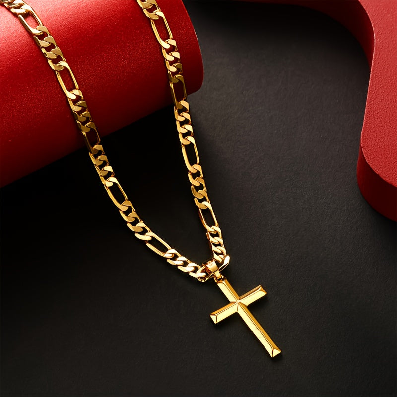 A 925 Silver Men'S Pendant Necklace, 18K Gold Plated 18K Gold Plated-Plated Minimalist Figaro Chain Paired with a Three-Dimensional Cross Pendant, The Perfect Gift for Him, Father'S Day Gift, Gift Boxed
