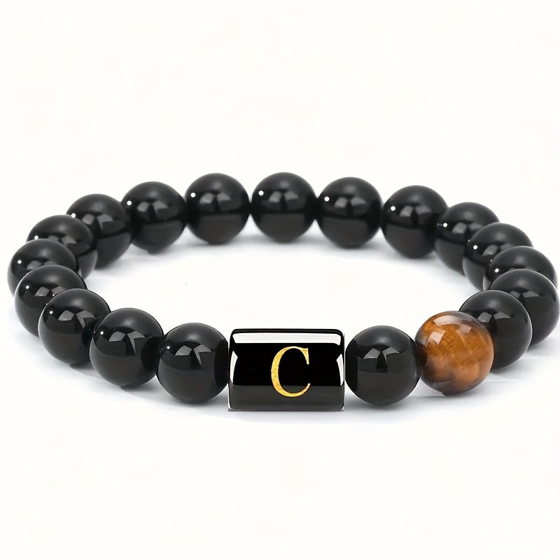 1pc A To Z 26 Letters Fashion Bracelets For Men, Cool Tiger Eye Stone Bracelets For Husband And Boyfriend, Birthday And Valentine's Day Gifts, Father's Day Gift