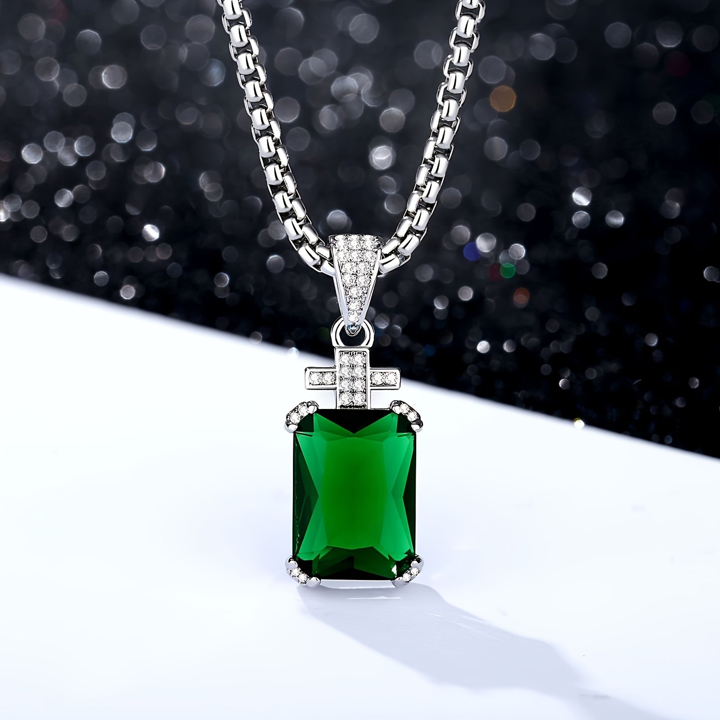 Men's Vintage Cross Necklace with 17.5CT Synthetic Gems Cut Synthetic Cubic (CZ) Pendant - 60.96cm Synthetic Gems-Plated 304L Stainless Steel Chain, June Birthstone Jewelry, Luxury Gift for Valentine's Day, Father's Day & Bir