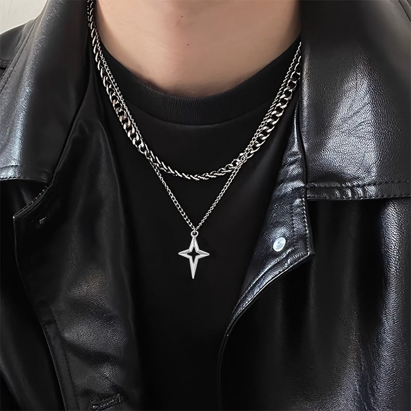 Dual Layered Hip Hop Style Necklace, Elegant Iron Chain with Star Pendant, Unplated Fashion Accessory for Men and Women